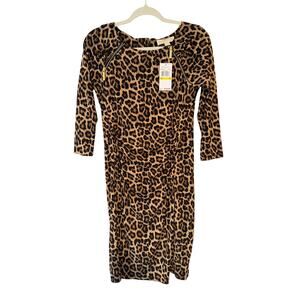 Michael Kors Leopard Print Fitted Midi Ruched | Zipper Detail | NWT Size Medium